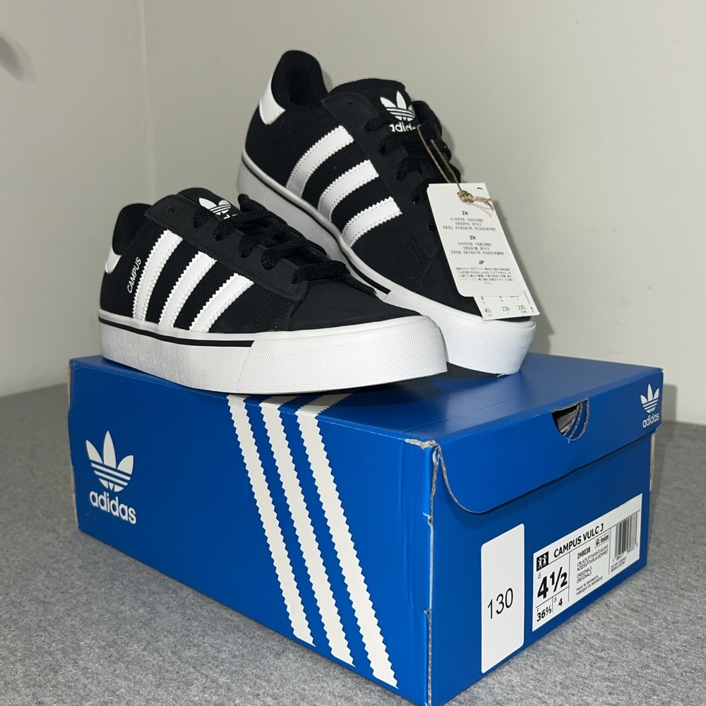 Adidas Campus Vulc J Black White Retro Sneakers Womens 6.5 Kids 4.5 IH8038 - Picture 2 of 16